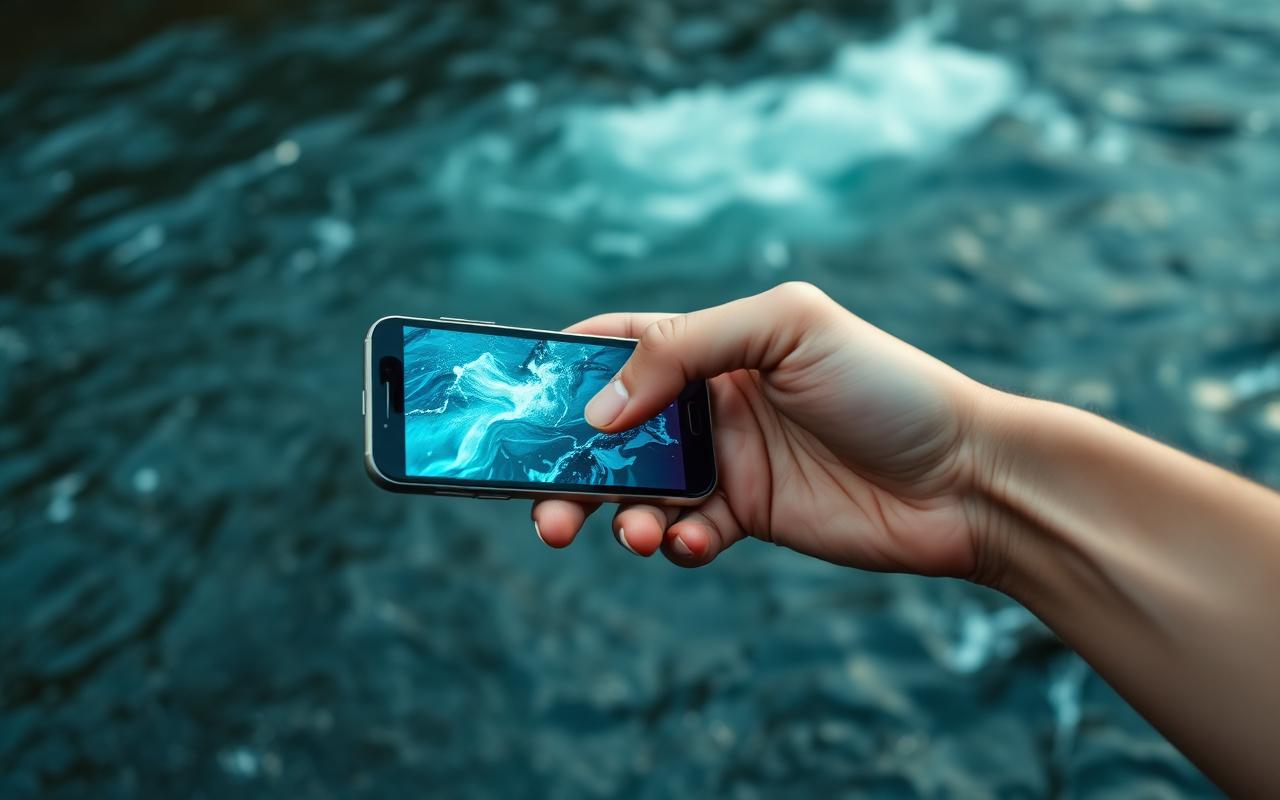 Hand holding a smartphone above flowing river water