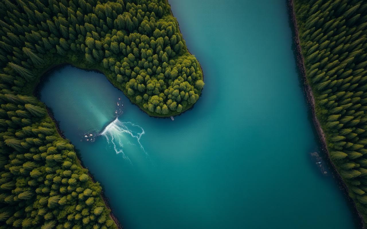 Aerial view of a forested river bend with deep teal water
